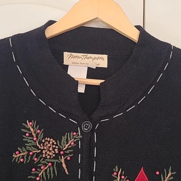 Norm Thompson Black Cotton Blend CARDINAL BIRD Beaded Novelty Sweater Women's 2X - Picture 3 of 12